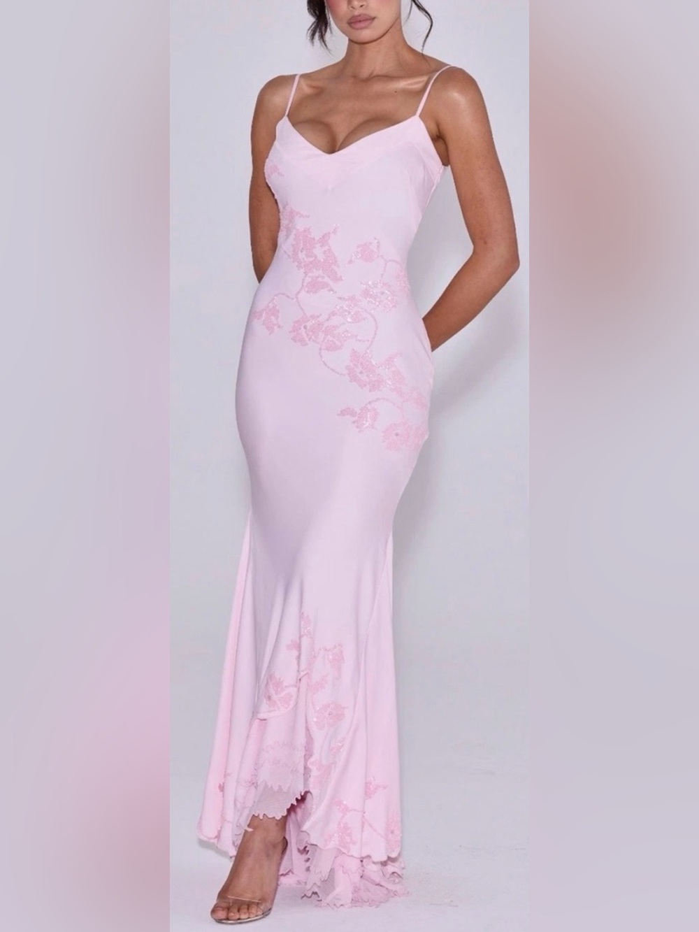 NEW HOUSE OF CB Anastelle Pink Hand Beaded Embellished Satin Maxi Dress Sz M